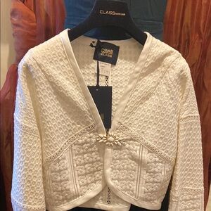 Cavalli Class White Textured Women's Jacket with stunning beaded brooch closure